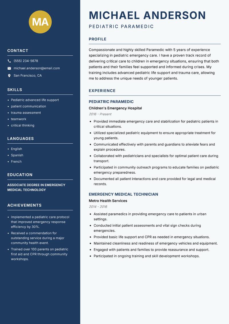 Paramedic resume sample — Pediatric Paramedic focus