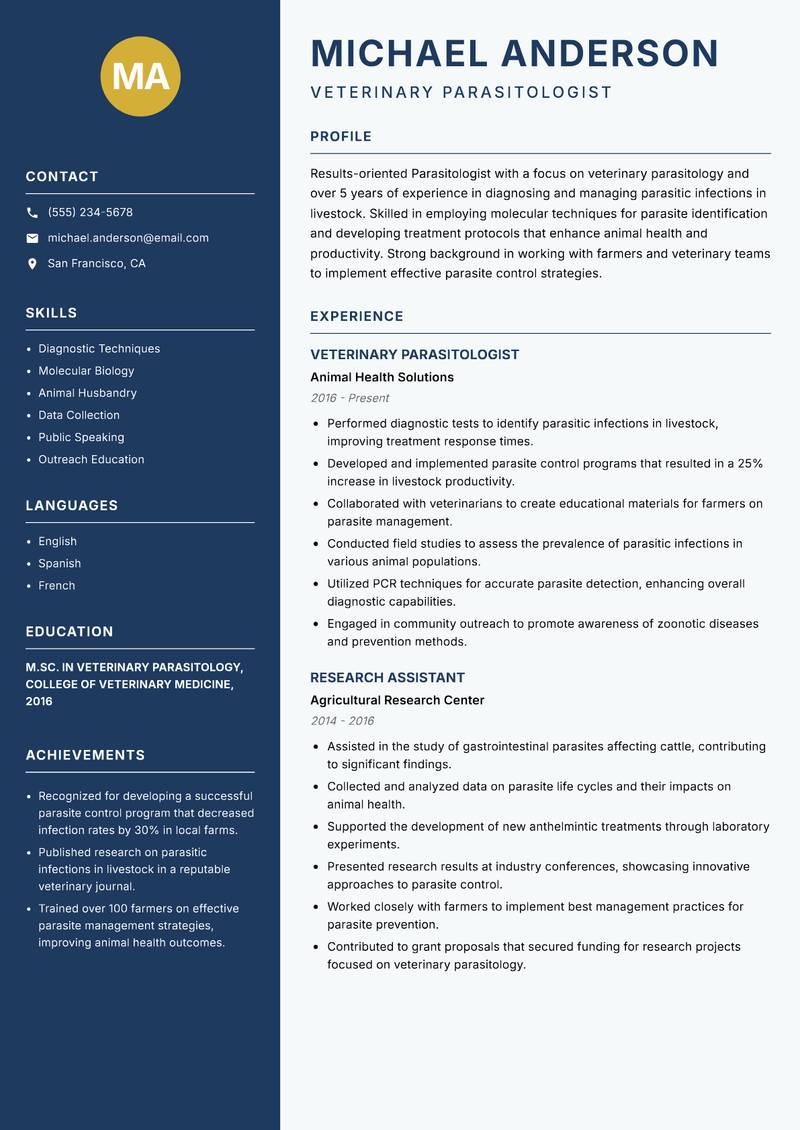 Parasitologist resume sample — Veterinary Parasitologist focus