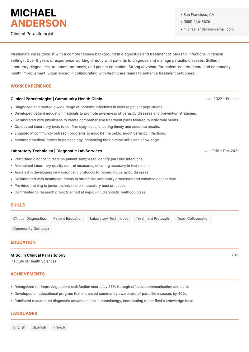 Parasitologist resume sample — Clinical Parasitologist focus