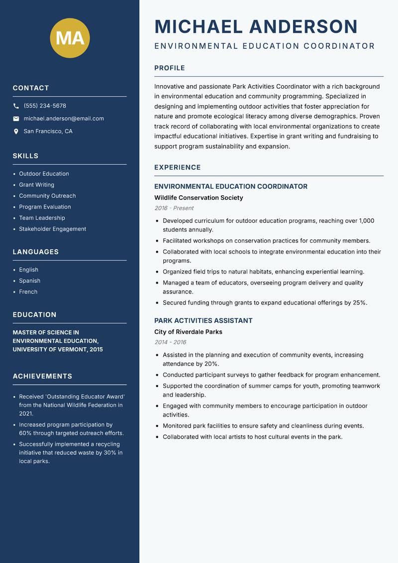 Park Activities Coordinator resume sample — Environmental Education Coordinator focus