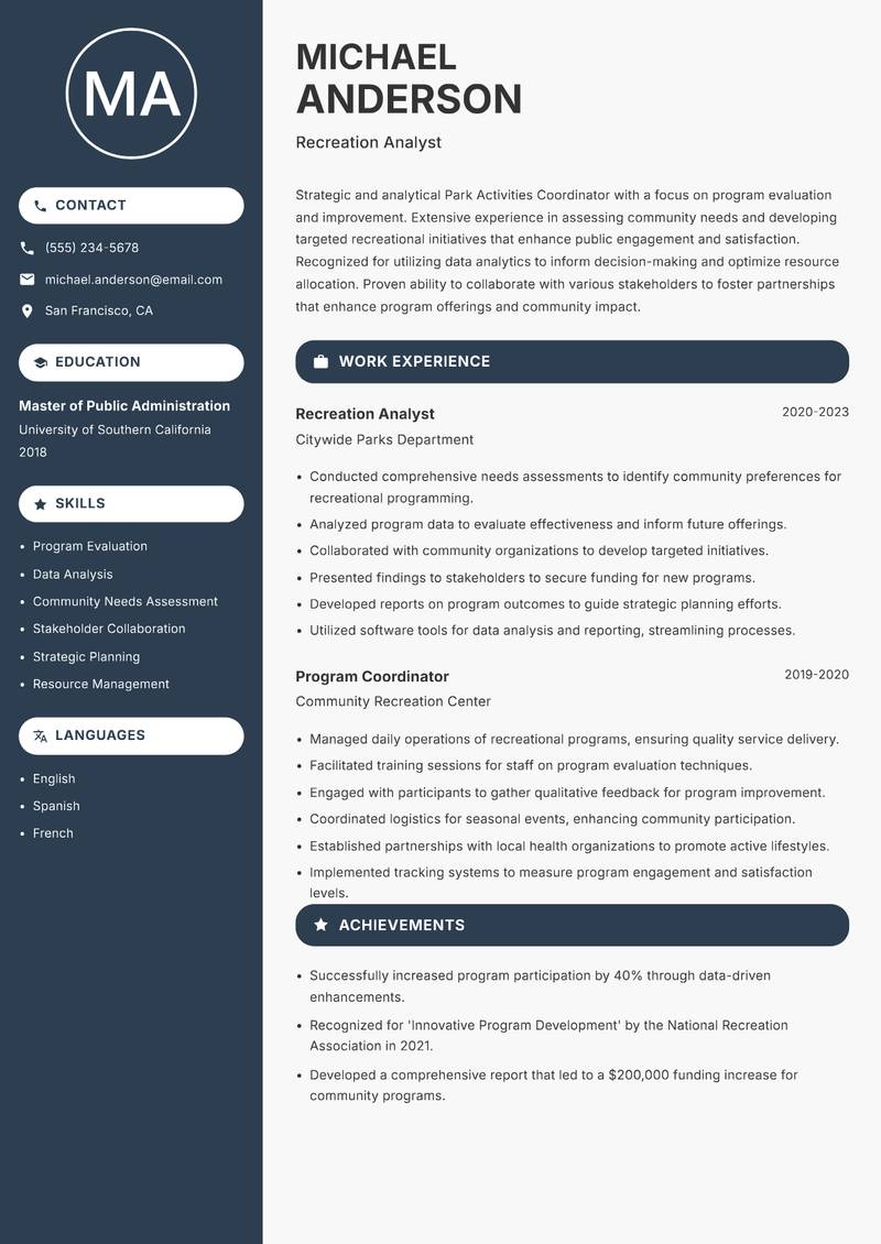 Park Activities Coordinator resume sample — Recreation Analyst focus