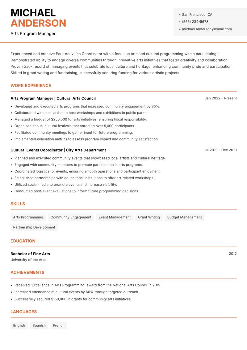 Park Activities Coordinator resume sample — Arts Program Manager focus