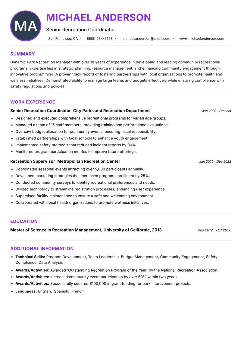 Park Recreation Manager resume example