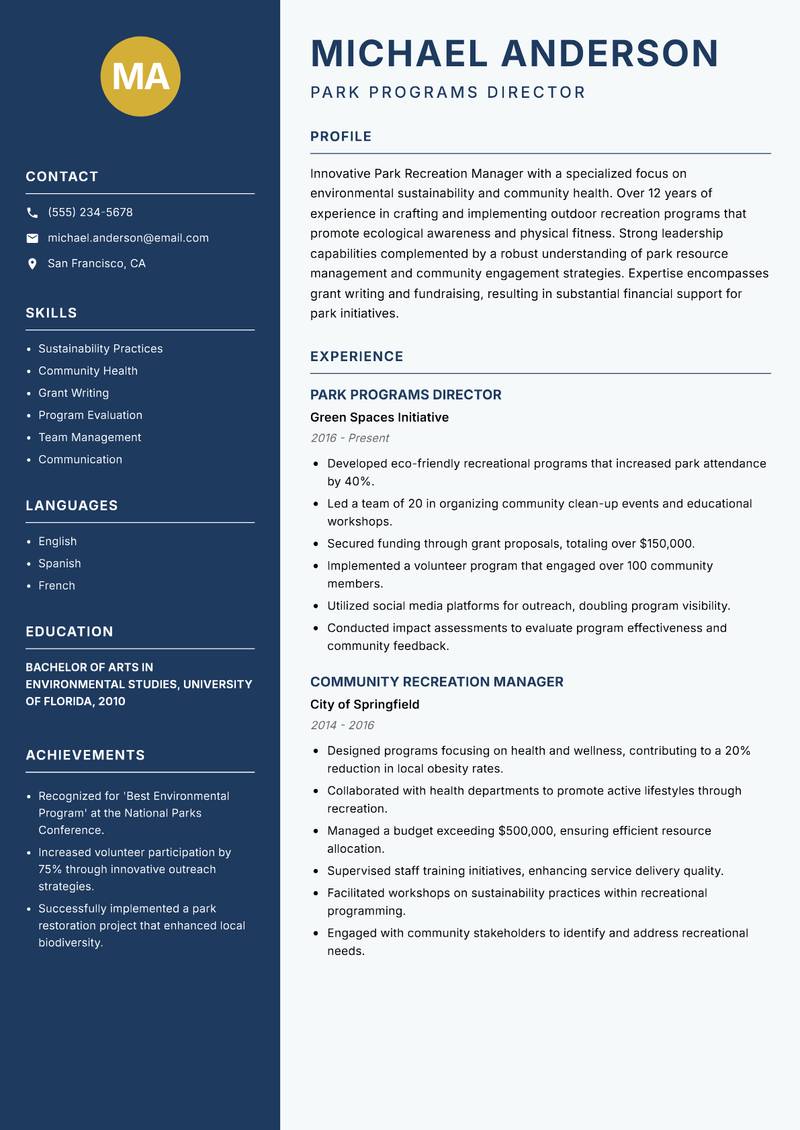 Park Recreation Manager resume sample — Park Programs Director focus