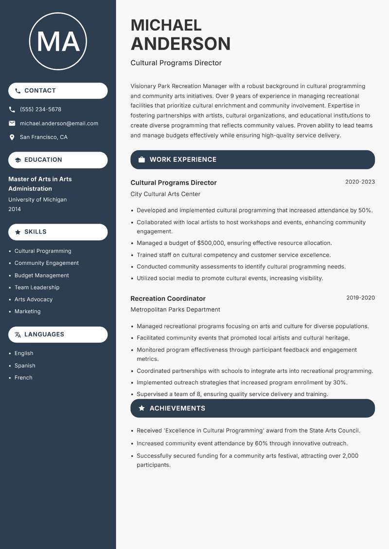 Park Recreation Manager resume sample — Cultural Programs Director focus