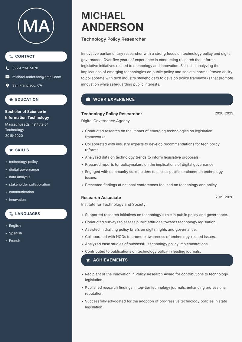 Parliamentary Researcher resume sample — Technology Policy Researcher focus