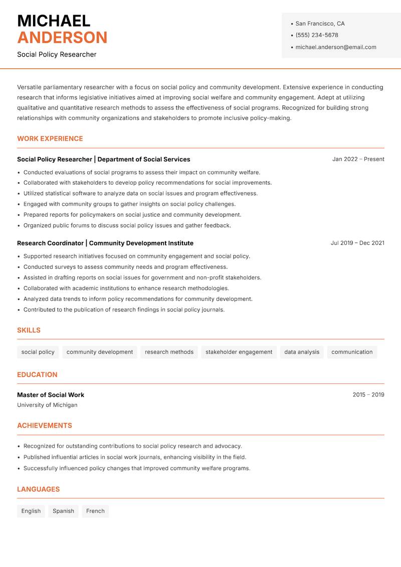 Parliamentary Researcher resume sample — Social Policy Researcher focus