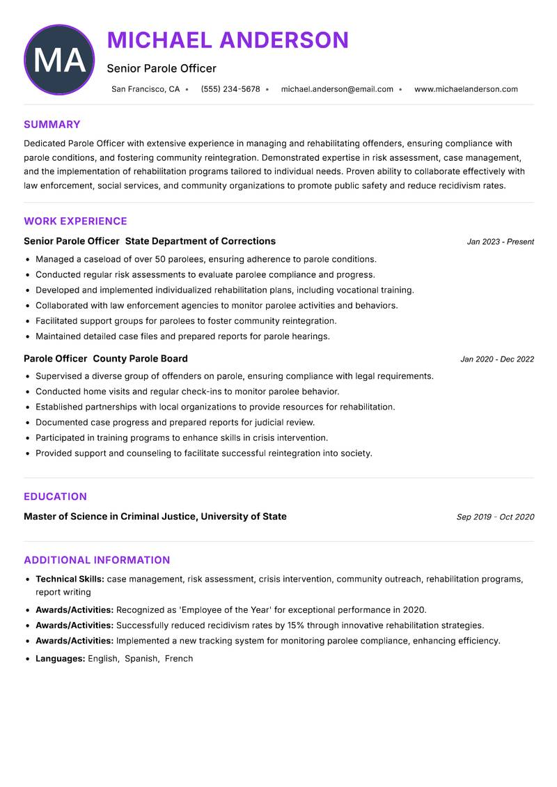 Parole Officer resume example