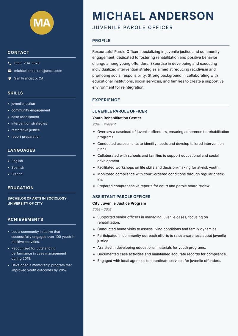 Parole Officer resume sample — Juvenile Parole Officer focus