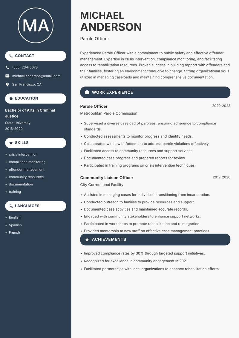 Parole Officer resume sample — Parole Officer focus