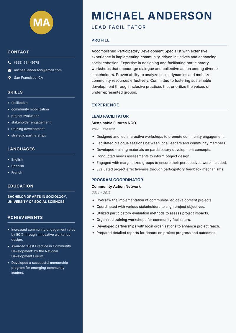 Participatory Development Specialist resume sample — Lead Facilitator focus