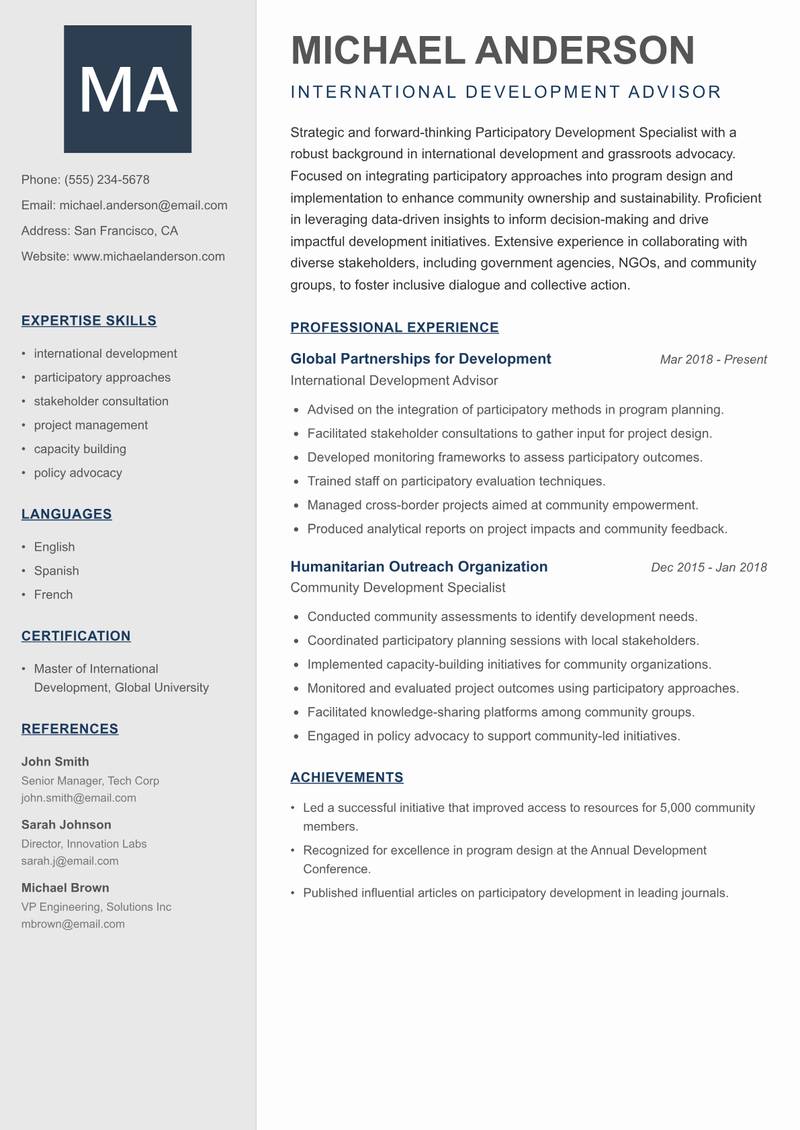 Participatory Development Specialist resume sample — International Development Advisor focus