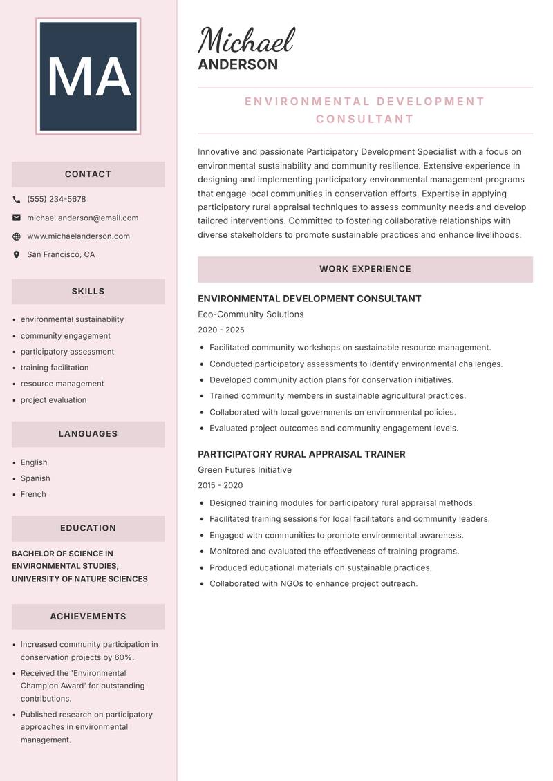 Participatory Development Specialist resume sample — Environmental Development Consultant focus