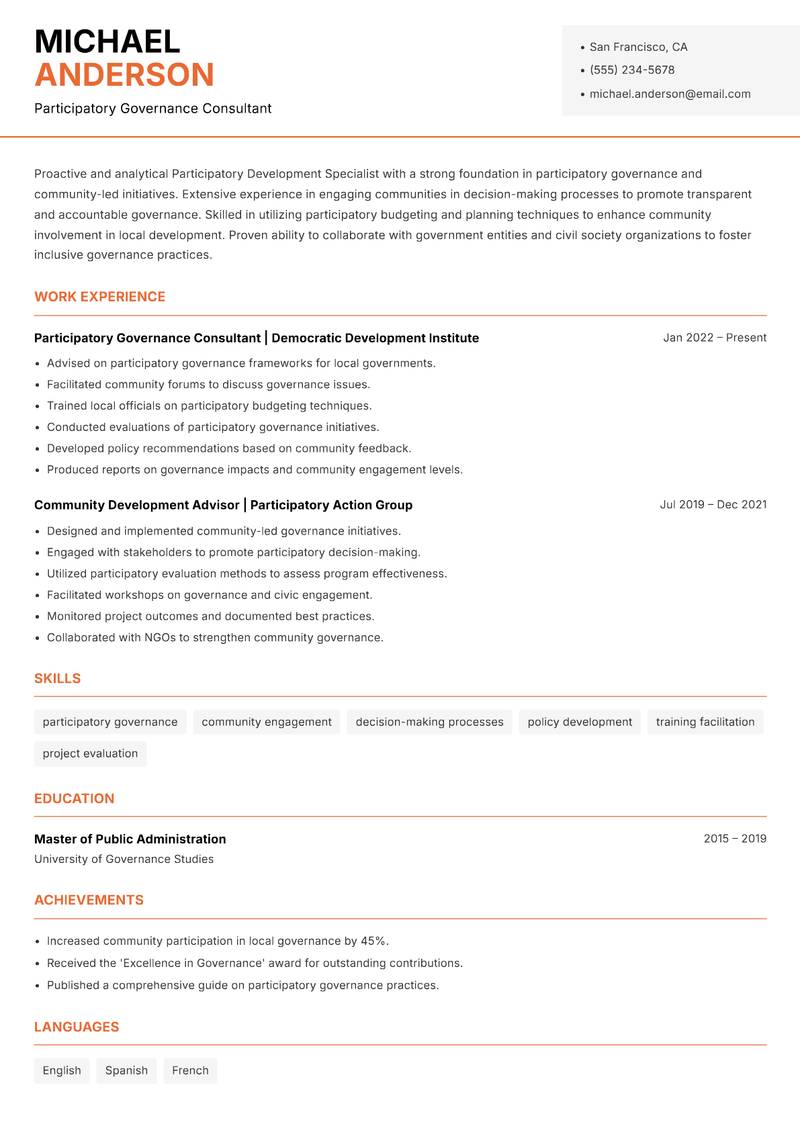 Participatory Development Specialist resume sample — Participatory Governance Consultant focus