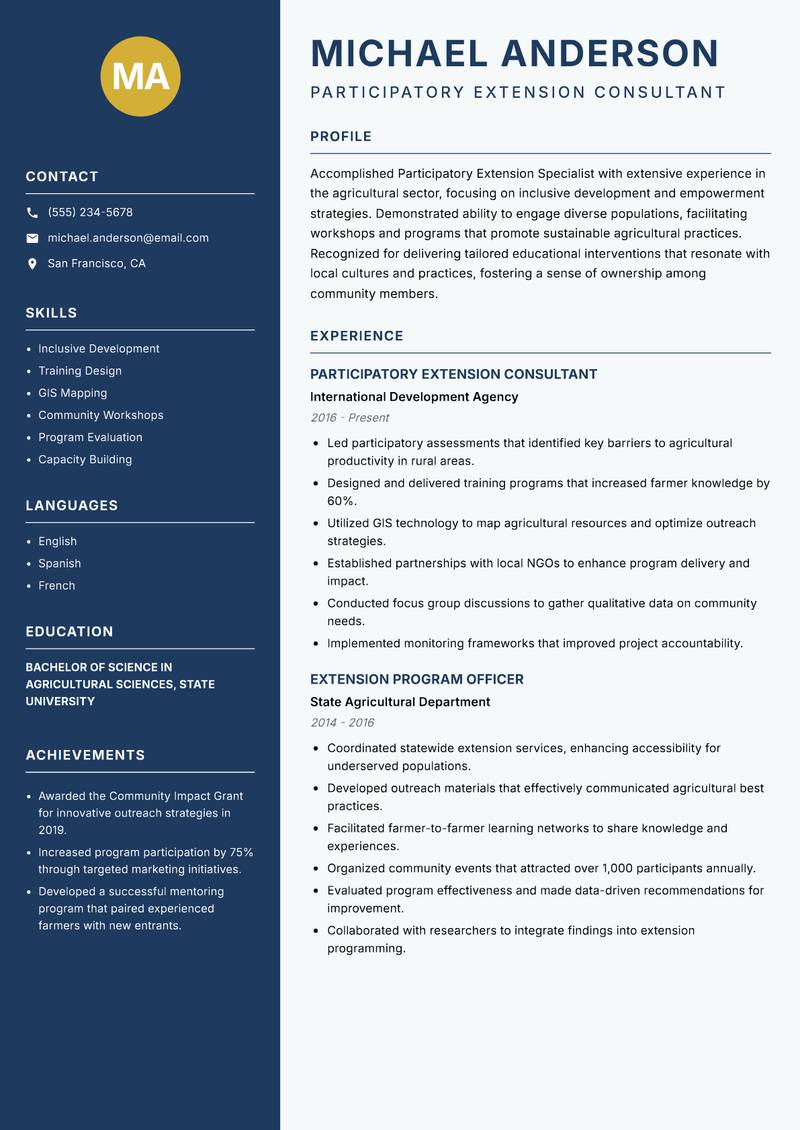 Participatory Extension Specialist resume sample — Participatory Extension Consultant focus