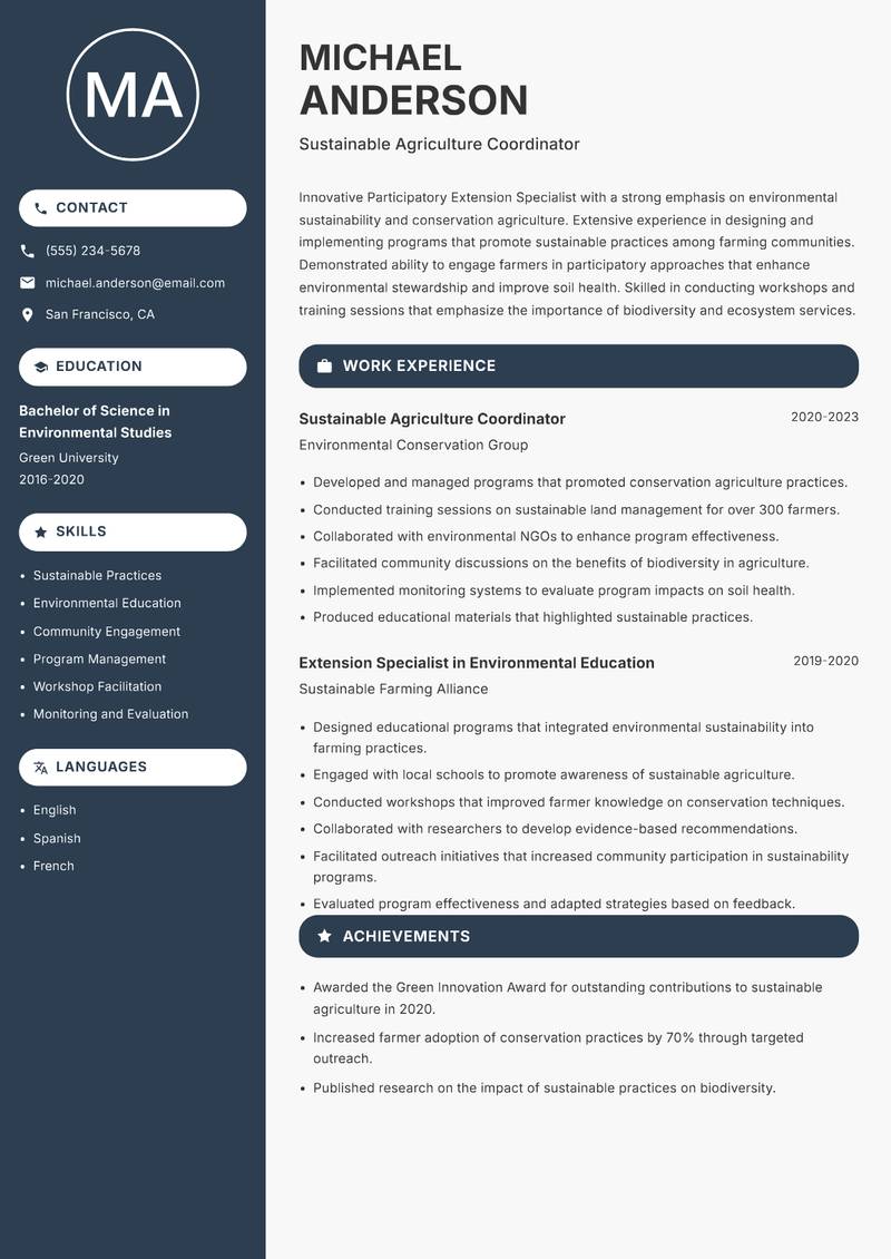 Participatory Extension Specialist resume sample — Sustainable Agriculture Coordinator focus