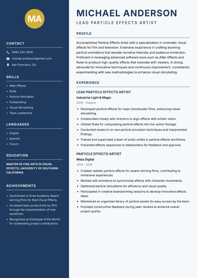 Particle Effects Artist resume sample — Lead Particle Effects Artist focus