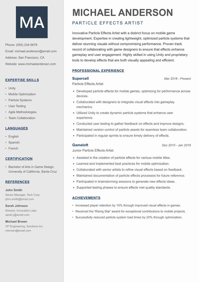 Particle Effects Artist resume sample — Particle Effects Artist focus