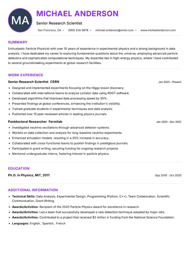 Particle Physicist resume example