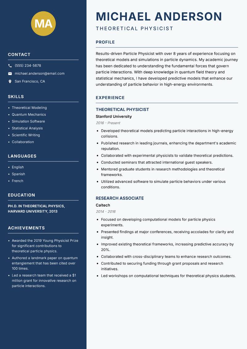 Particle Physicist resume sample — Theoretical Physicist focus