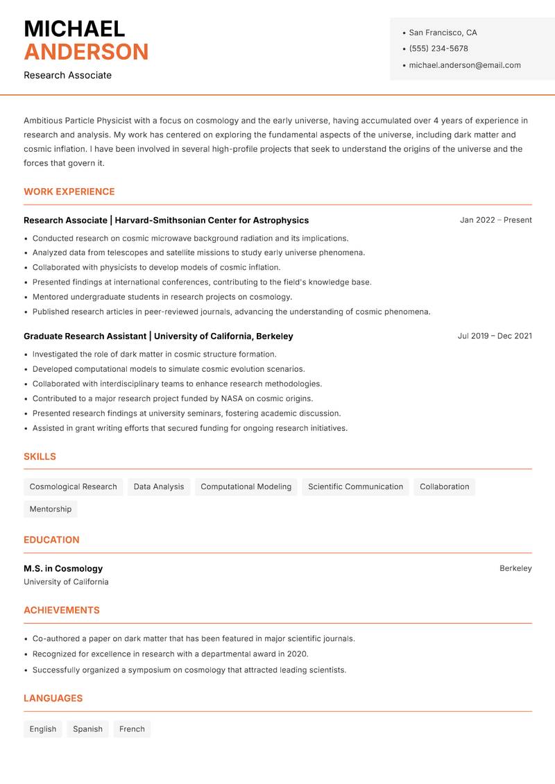 Particle Physicist resume sample — Research Associate focus