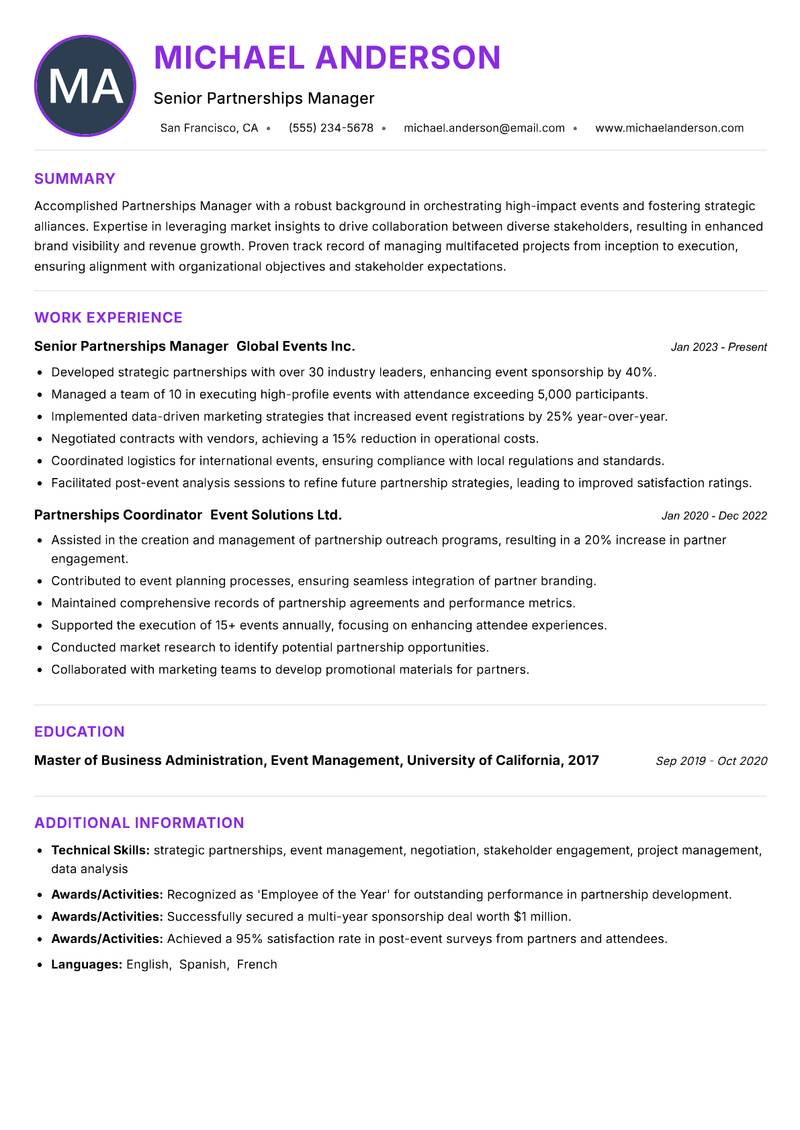 Partnerships Manager Events resume example