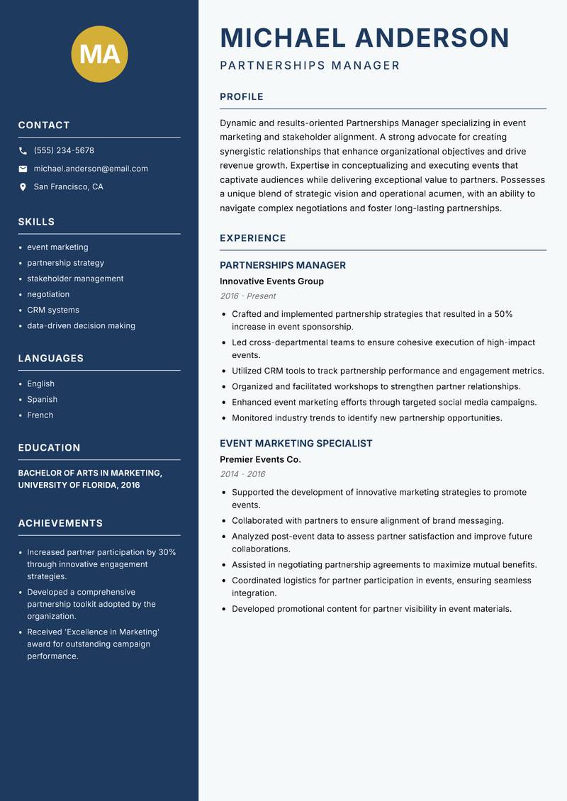 Partnerships Manager Events resume sample — Partnerships Manager focus