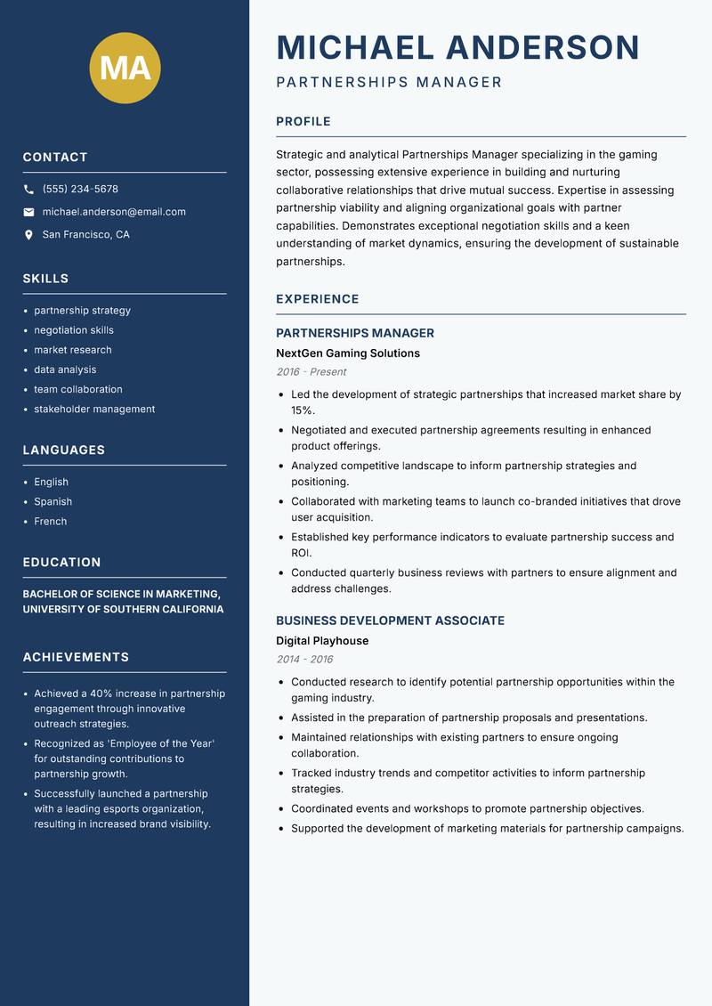 Partnerships Manager Gaming resume sample — Partnerships Manager focus