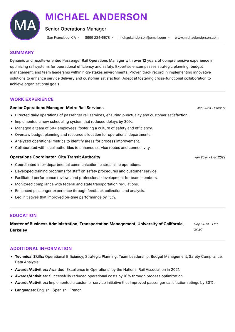 Passenger Rail Operations Manager resume example