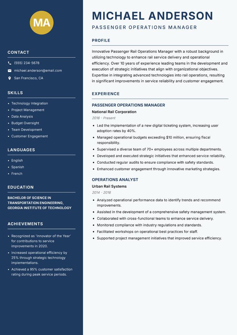Passenger Rail Operations Manager resume sample — Passenger Operations Manager focus