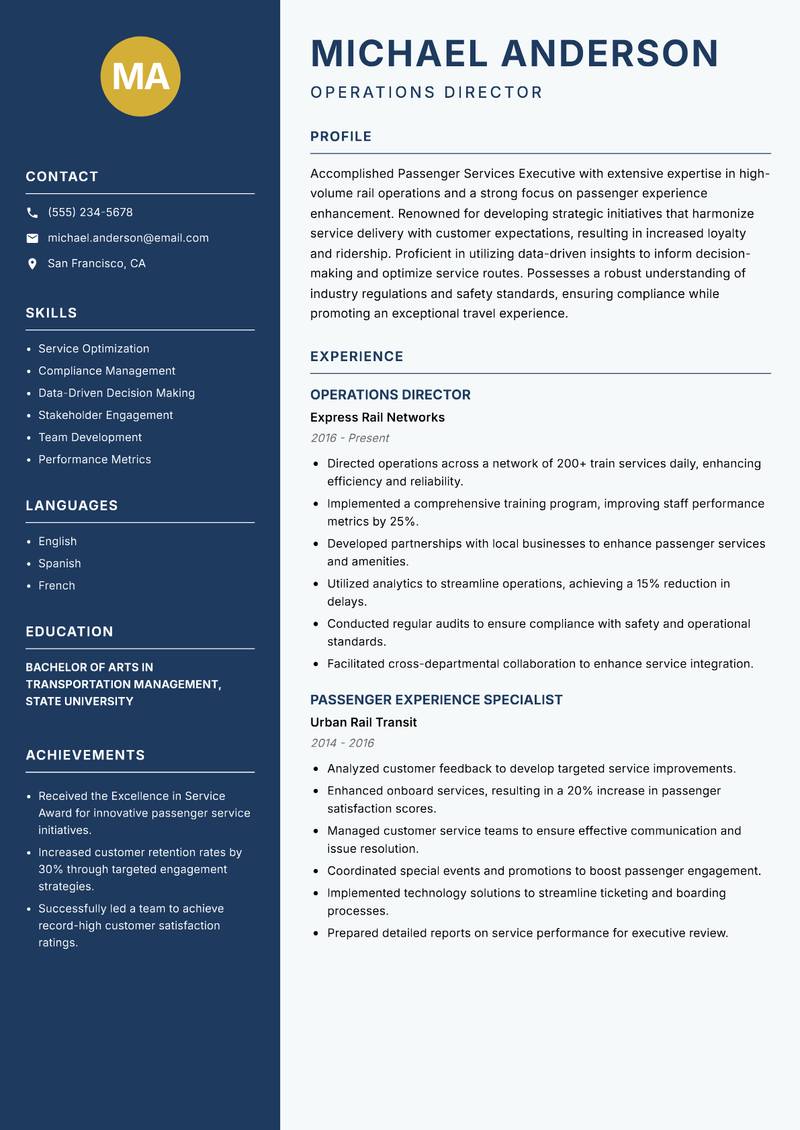 Passenger Services Executive Rail resume sample — Operations Director focus