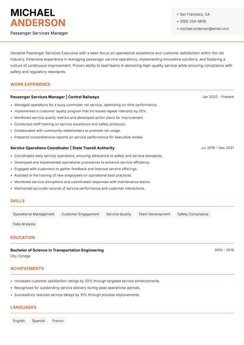 Passenger Services Executive Rail resume sample — Passenger Services Manager focus
