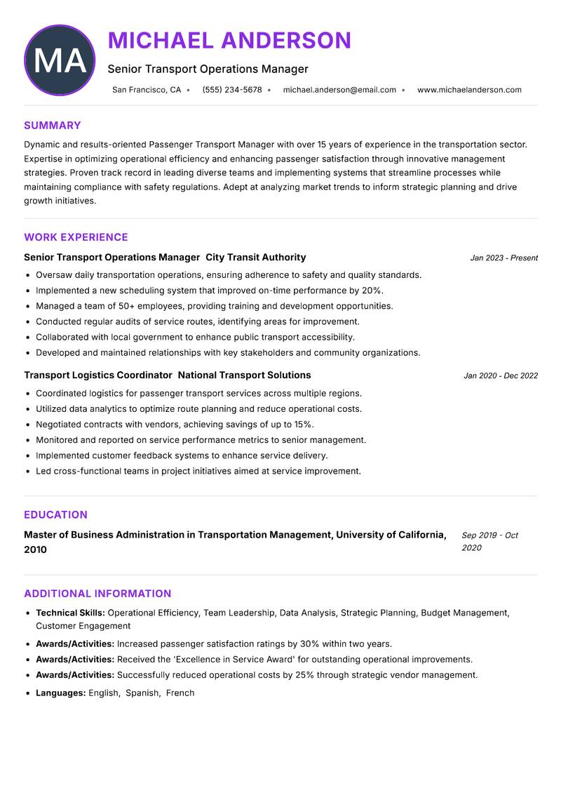 Passenger Transport Manager resume example