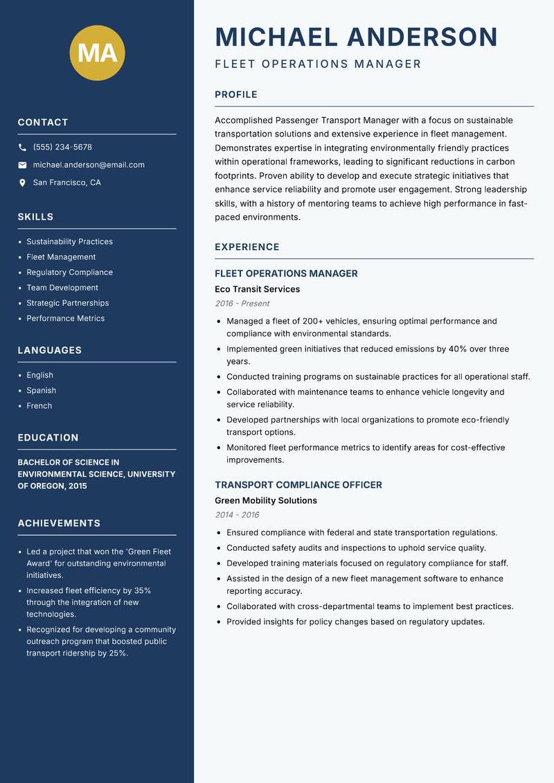 Passenger Transport Manager resume sample — Fleet Operations Manager focus