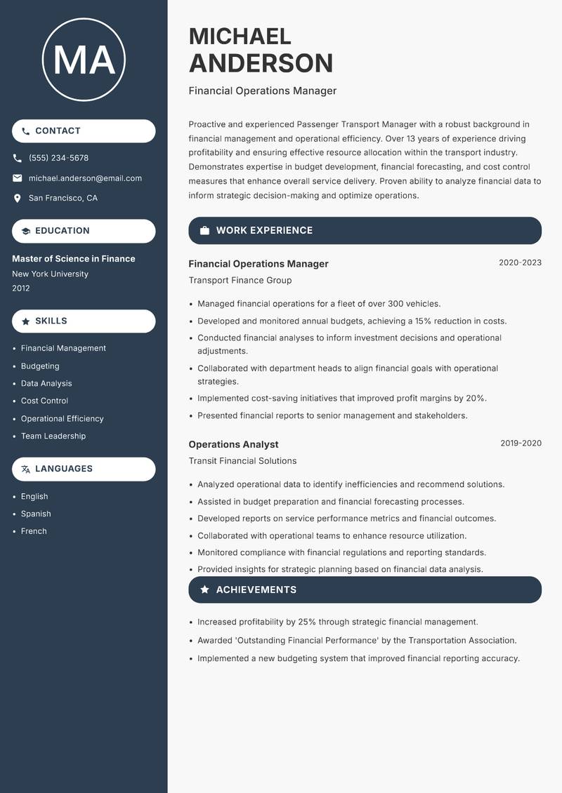 Passenger Transport Manager resume sample — Financial Operations Manager focus