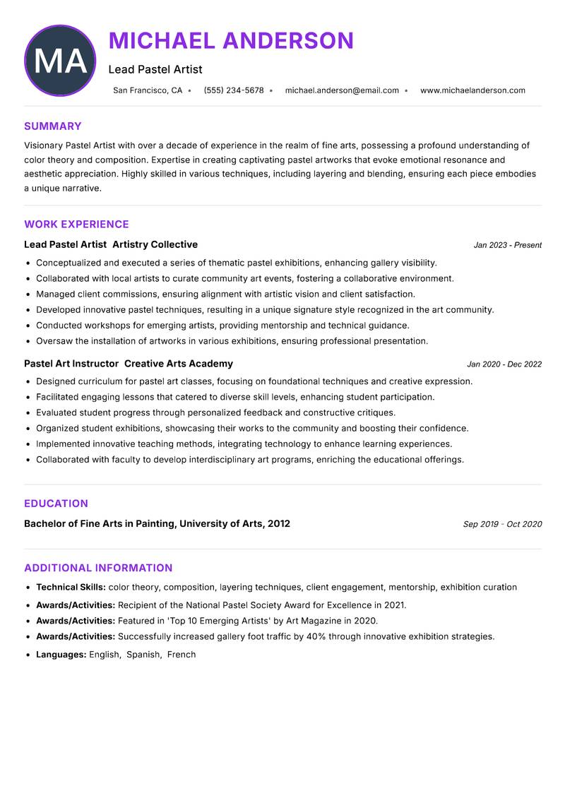 Pastel Artist resume example