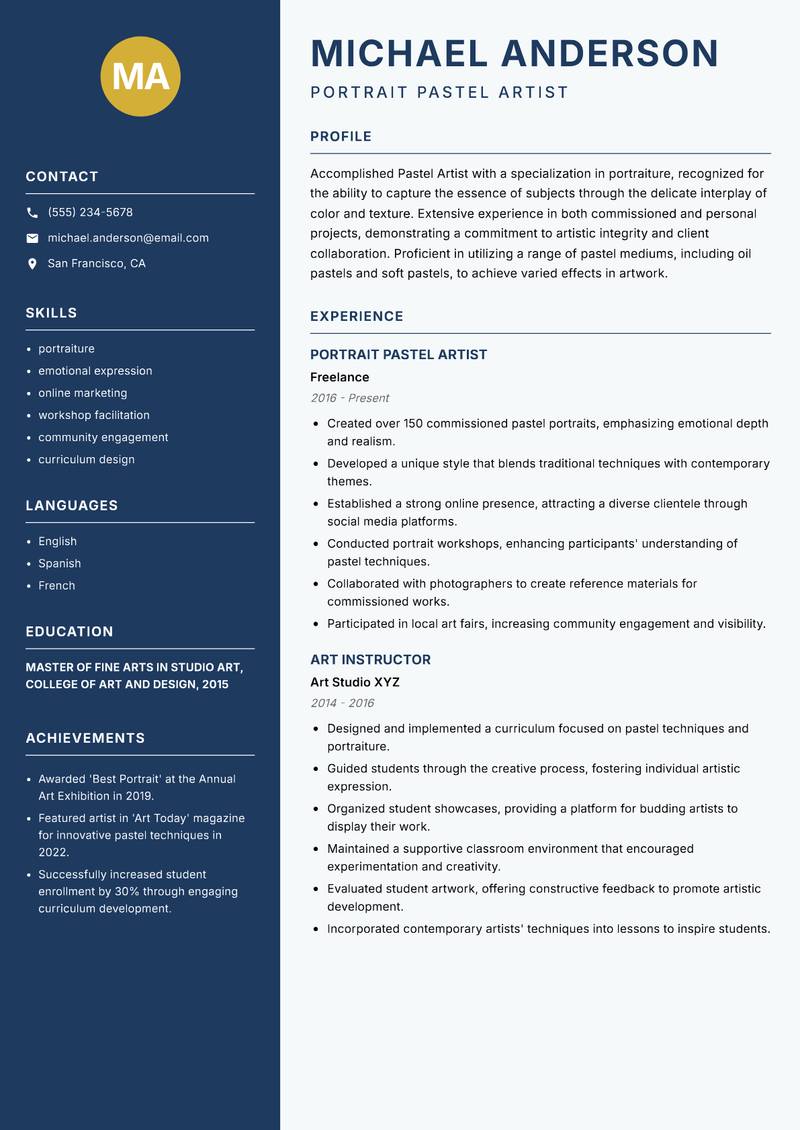 Pastel Artist resume sample — Portrait Pastel Artist focus