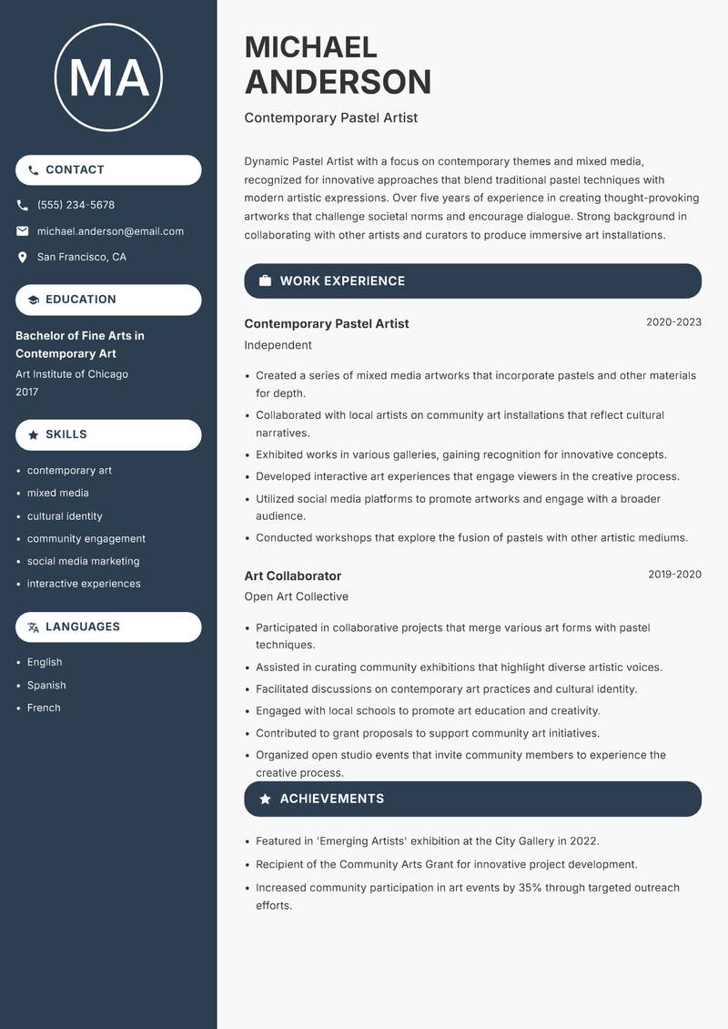 Pastel Artist resume sample — Contemporary Pastel Artist focus