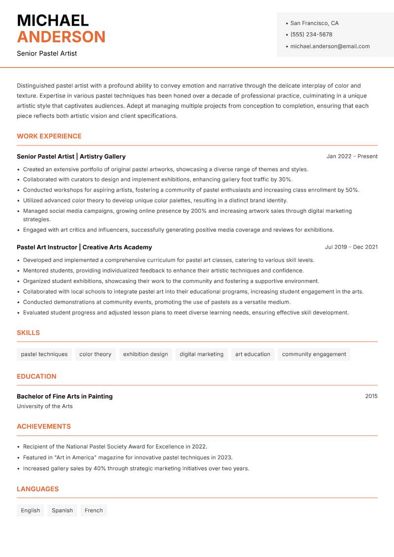 Pastel Artist resume sample — Senior Pastel Artist focus