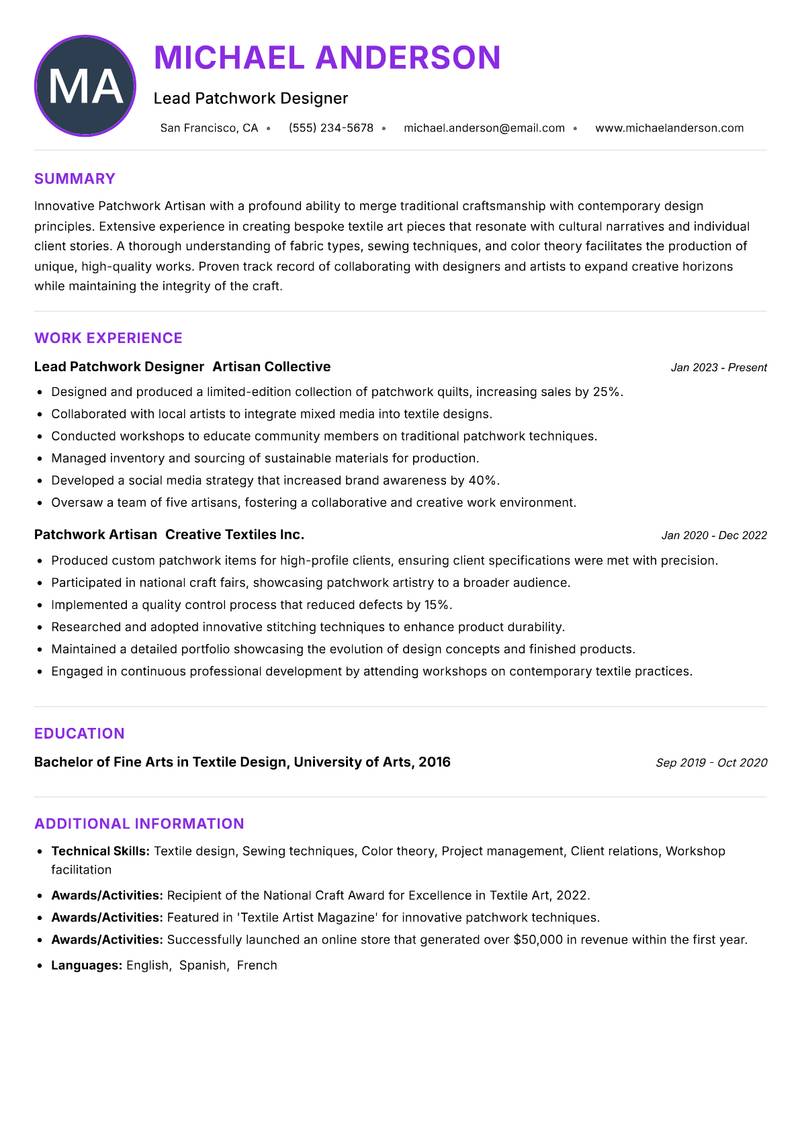 Patchwork Artisan resume example