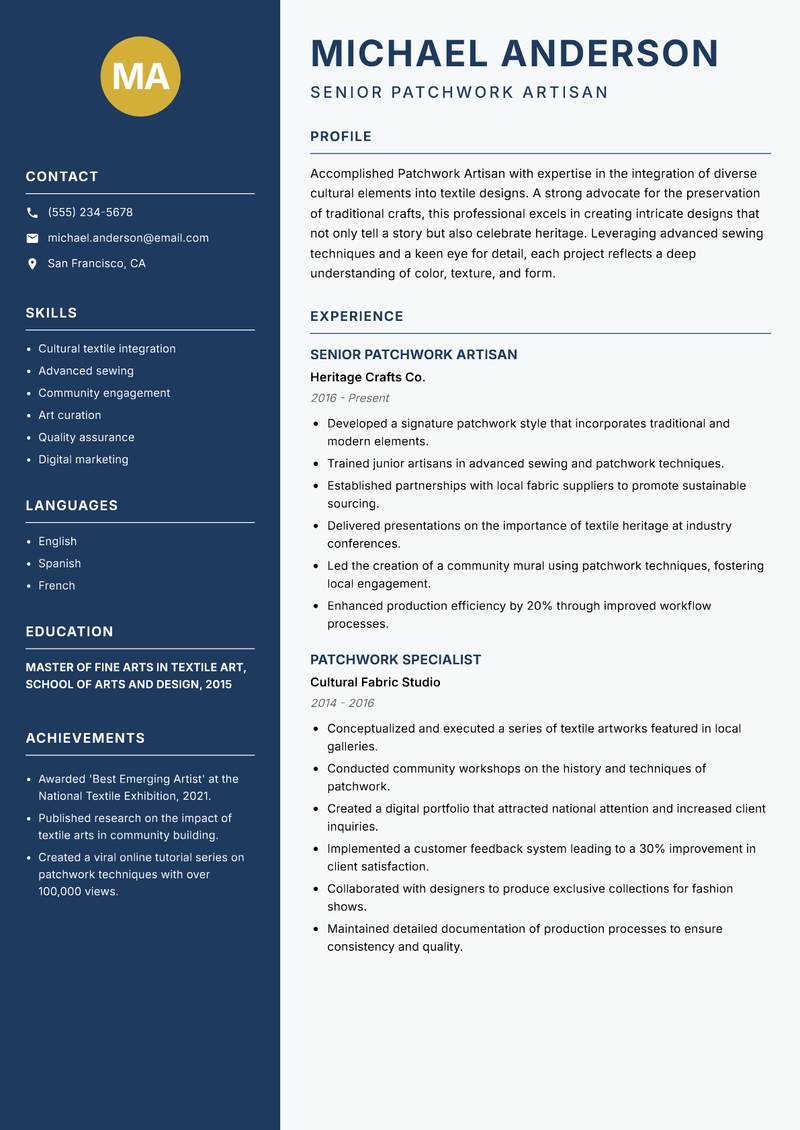 Patchwork Artisan resume sample — Senior Patchwork Artisan focus