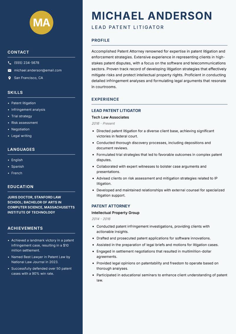 Patent Attorney resume sample — Lead Patent Litigator focus