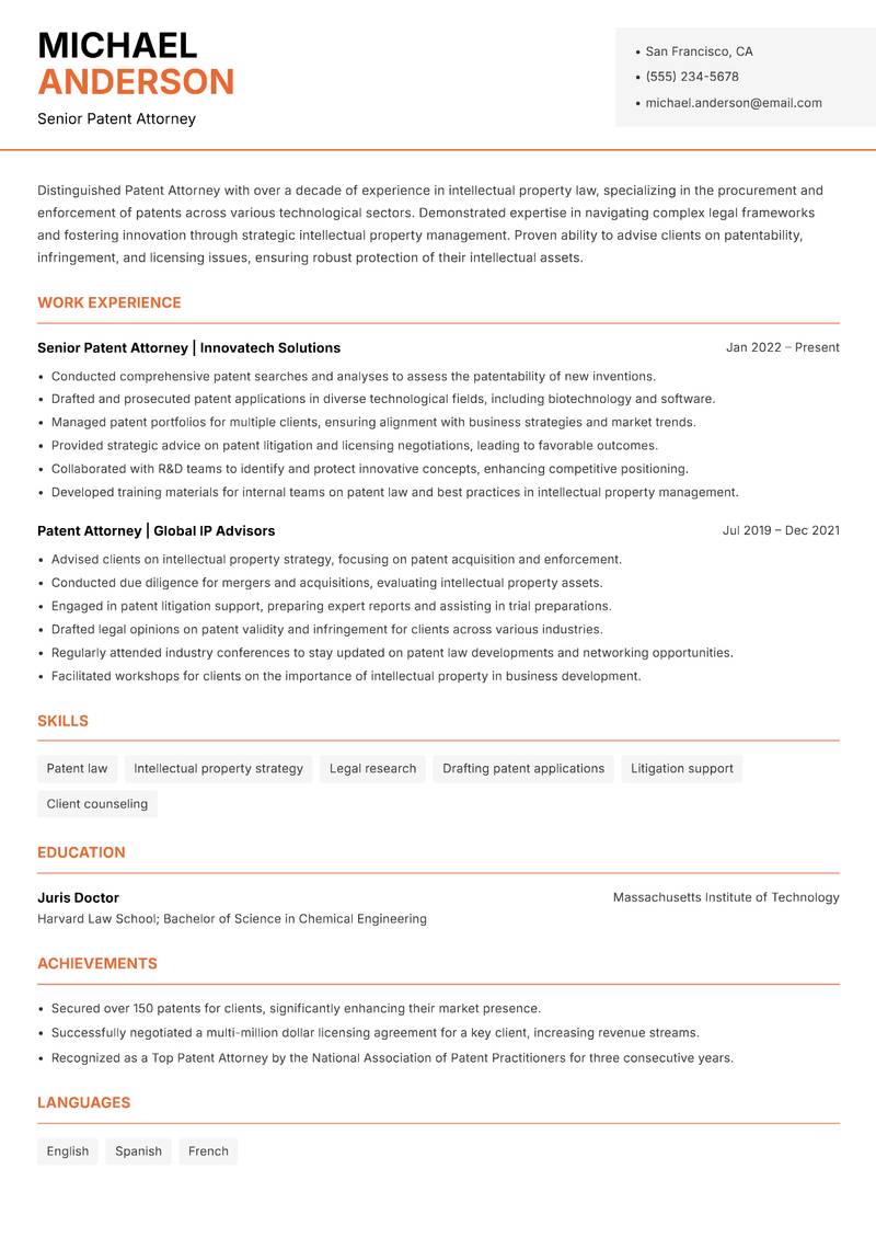 Patent Attorney resume sample — Senior Patent Attorney focus