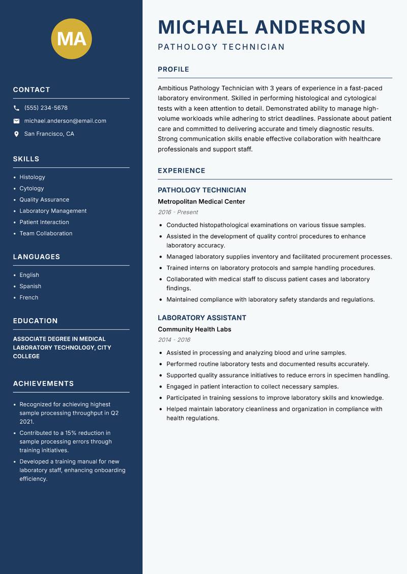 Pathology Technician resume sample — Pathology Technician focus