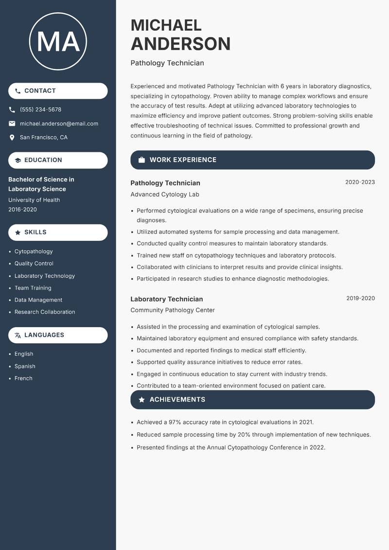 Pathology Technician resume sample — Pathology Technician focus
