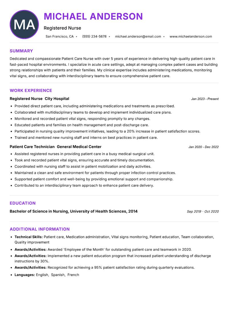 Patient Care Nurse resume example