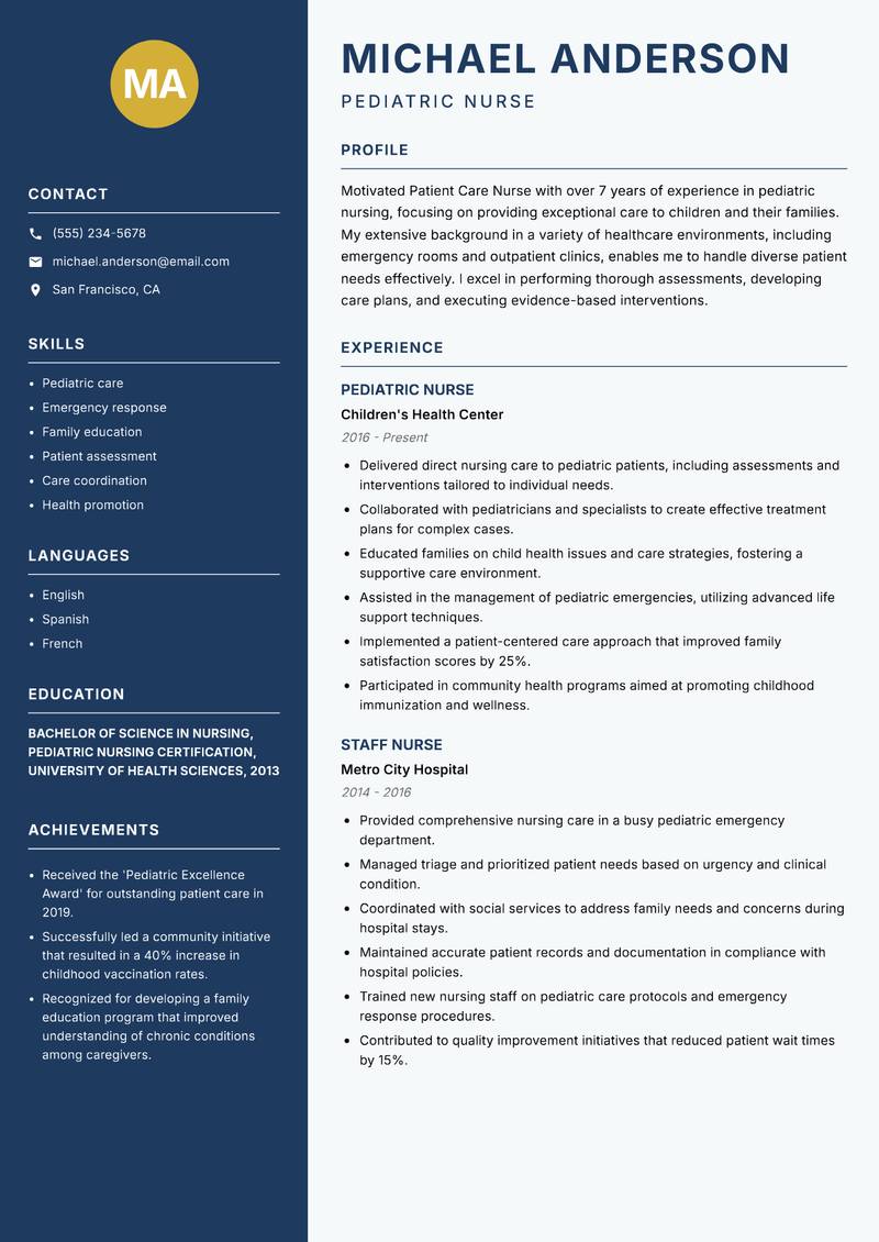 Patient Care Nurse resume sample — Pediatric Nurse focus