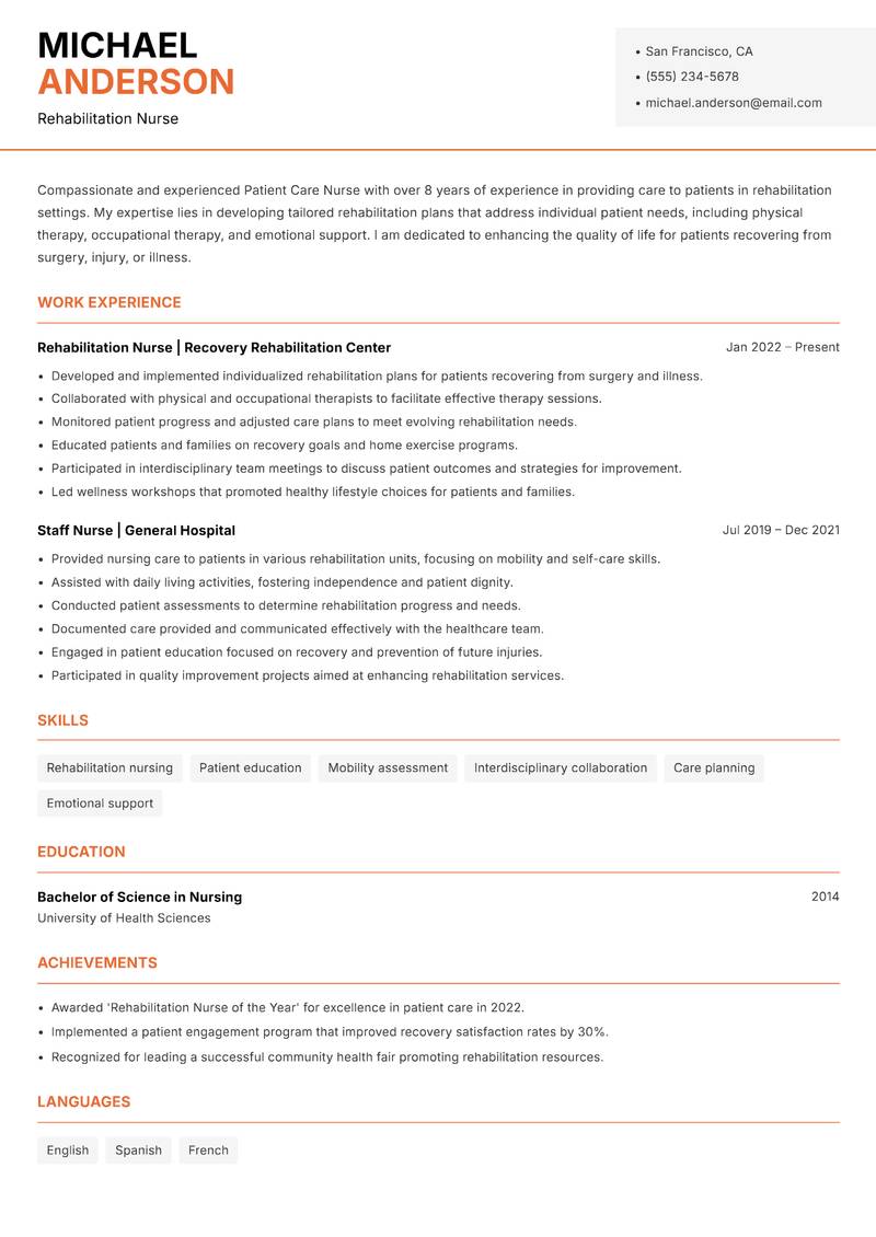 Patient Care Nurse resume sample — Rehabilitation Nurse focus