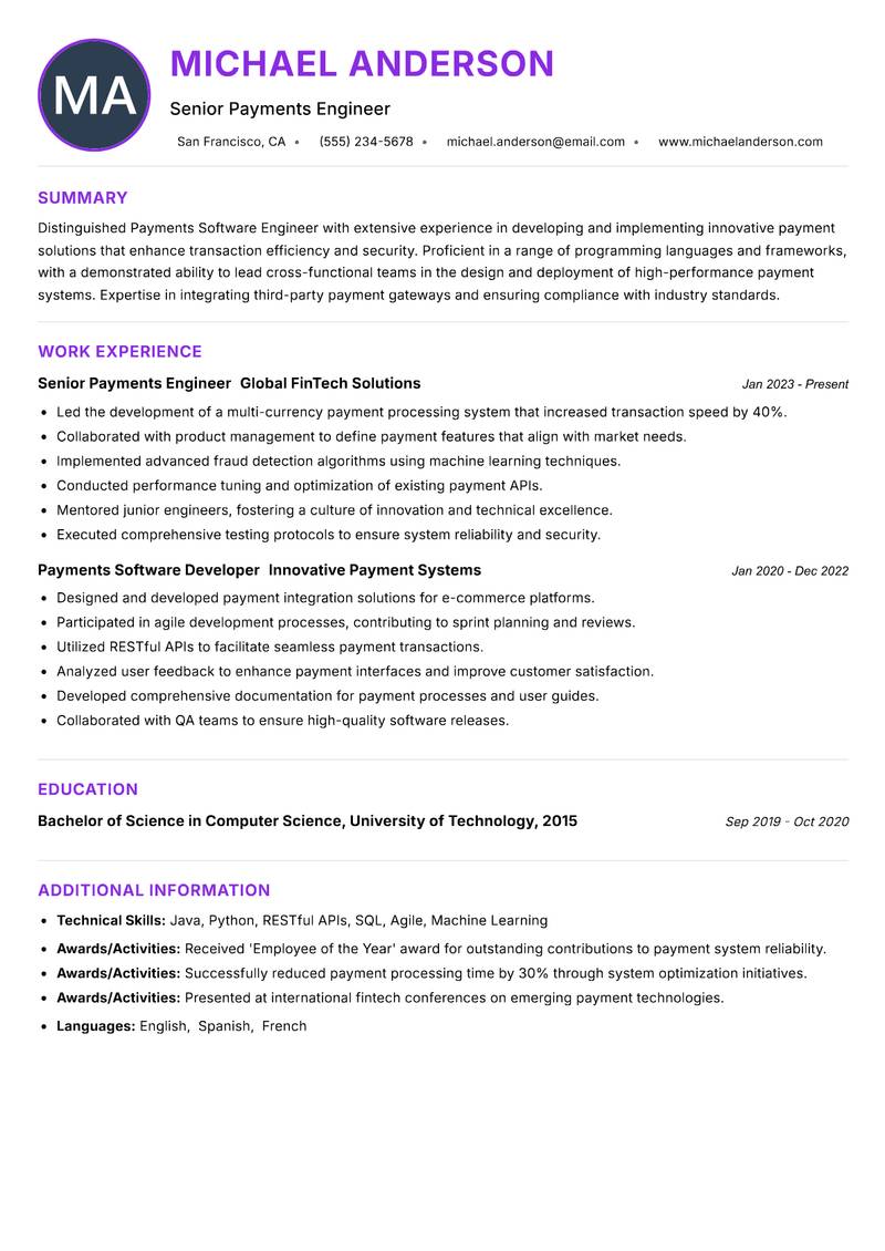 Payments Software Engineer resume example