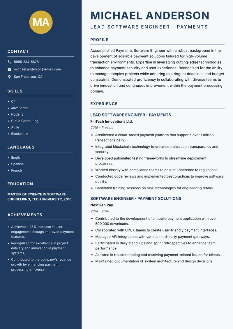 Payments Software Engineer resume sample — Lead Software Engineer - Payments focus